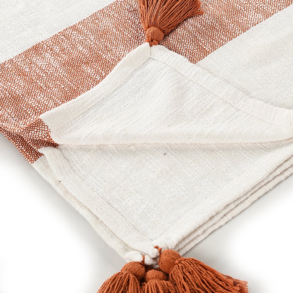 Borderline Striped Hand-Woven All-Natural Cotton Throw Blanket, Orange