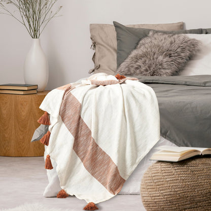 Borderline Striped Hand-Woven All-Natural Cotton Throw Blanket, Orange