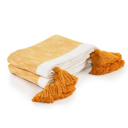 Borderline Striped Hand-Woven All-Natural Cotton Throw Blanket, Yellow