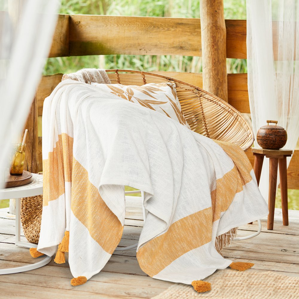 Borderline Striped Hand-Woven All-Natural Cotton Throw Blanket, Yellow