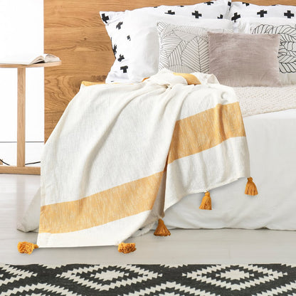 Borderline Striped Hand-Woven All-Natural Cotton Throw Blanket, Yellow