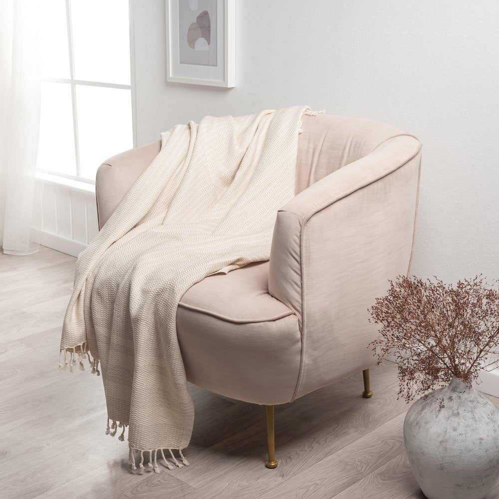 Beige/White Striped Turkish All-Natural Cotton Throw Blanket