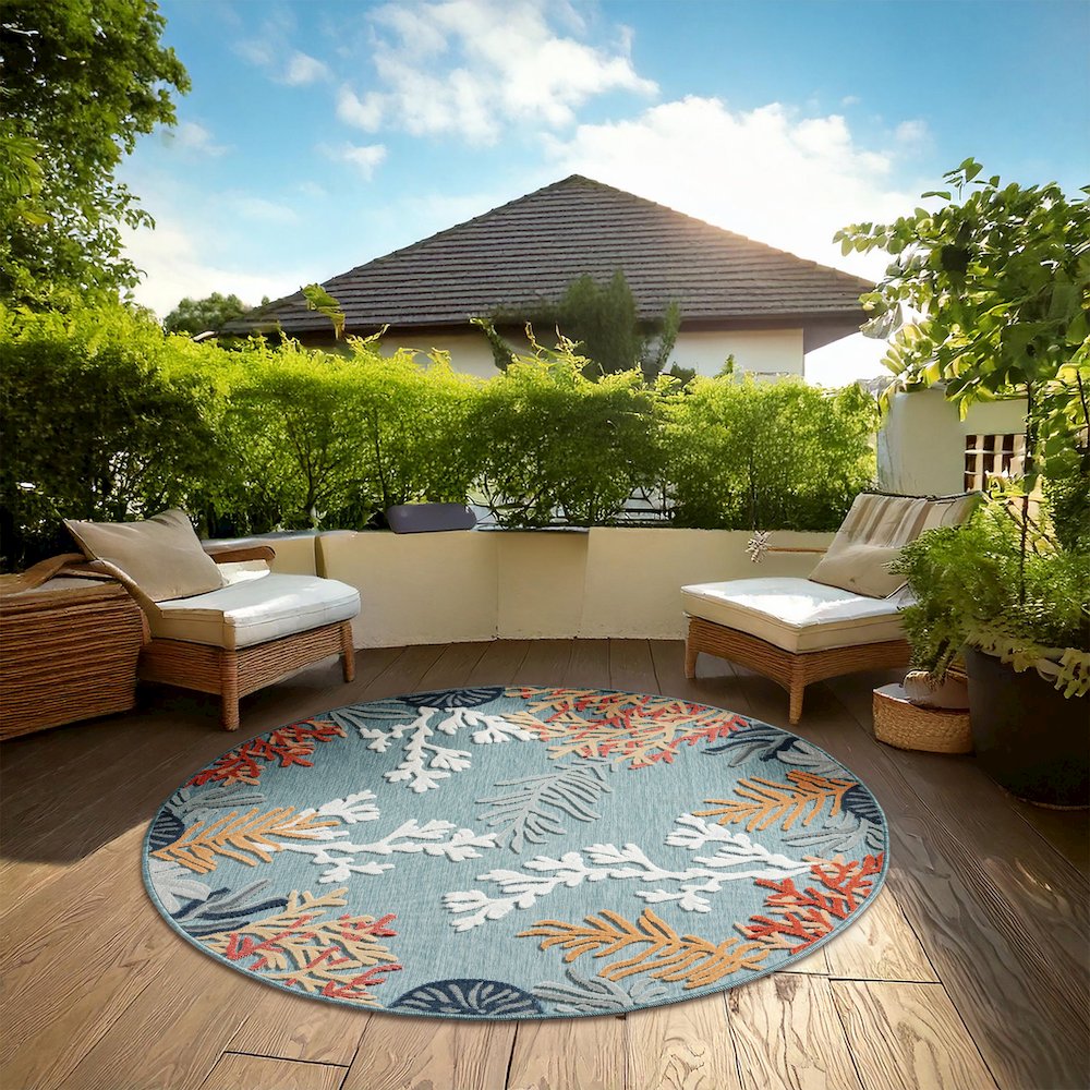 Coral Reef Hi-Low Coastal Blue Indoor Outdoor Area Rug