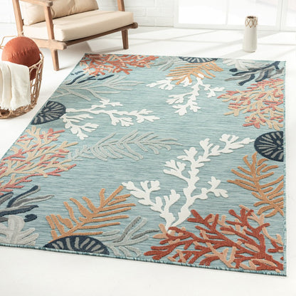 Coral Reef Hi-Low Coastal Blue Indoor Outdoor Area Rug