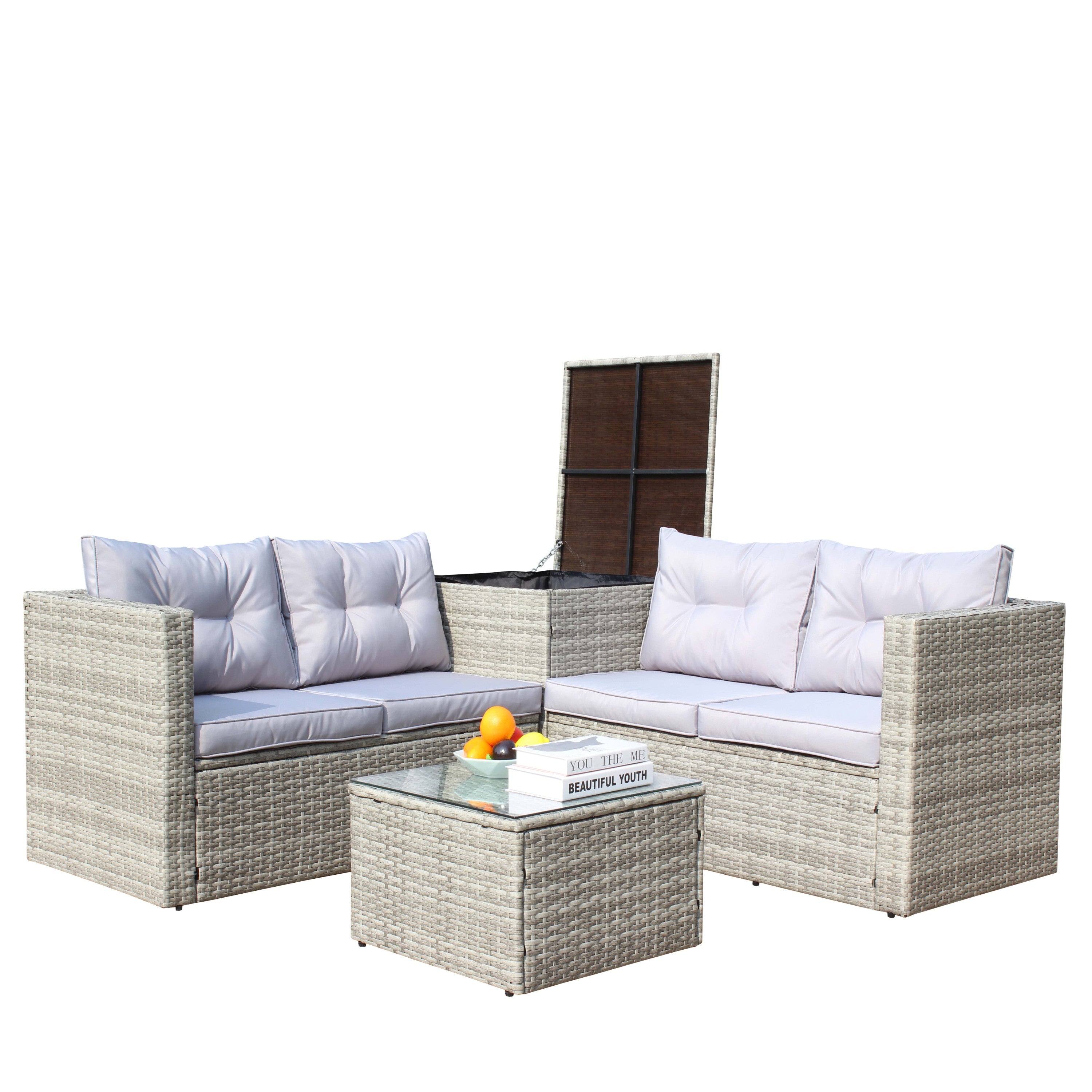 4 Piece Patio Sectional Wicker Rattan Outdoor Furniture Sofa Set with Storage Box Grey