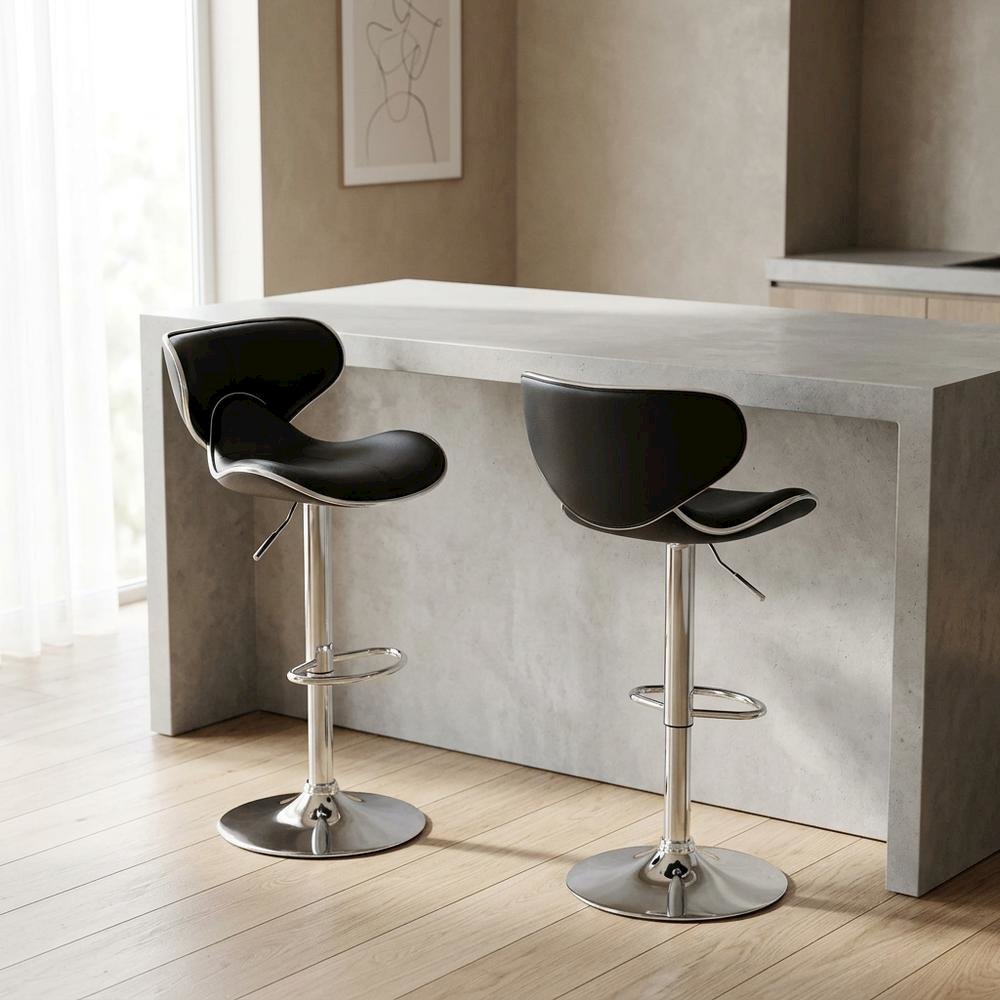 Black Leatherette Adjustable Swivel Barstool with Chrome Base, Set of 2