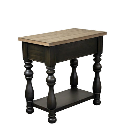 Brown Chairside Table, Poplar Ash Veneer, V-Grooves, Drawer, Fixed Shelf