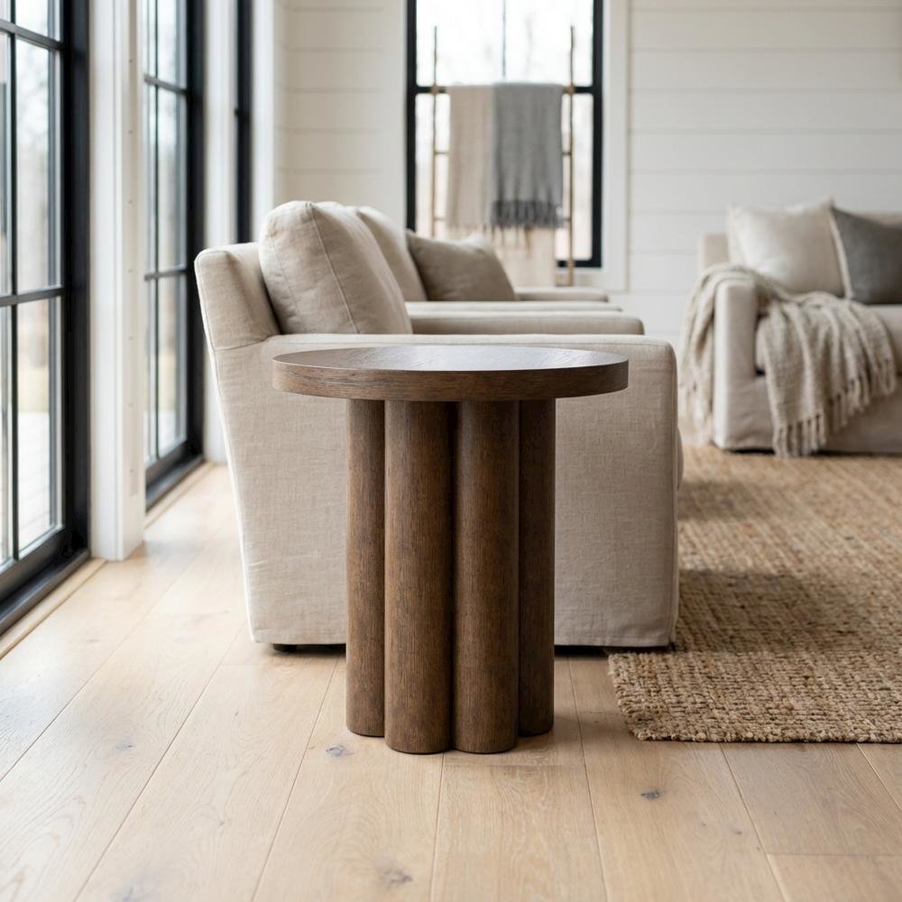 Brown Round End Table with Pedestal Base for Living Room Corners