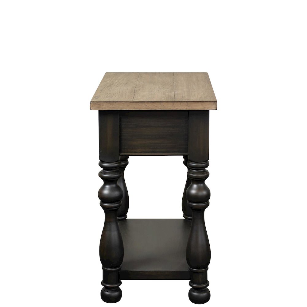 Brown Chairside Table, Poplar Ash Veneer, V-Grooves, Drawer, Fixed Shelf