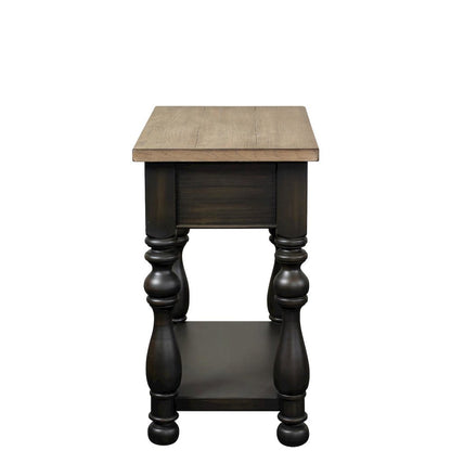 Brown Chairside Table, Poplar Ash Veneer, V-Grooves, Drawer, Fixed Shelf