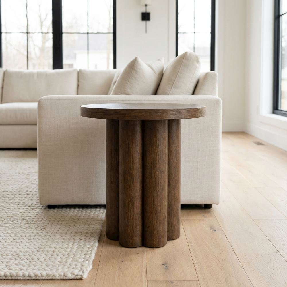 Brown Round End Table with Pedestal Base for Living Room Corners
