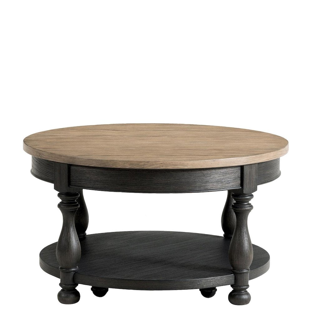 Brown Round Cocktail Table, Poplar Ash Veneer, V-Grooves Top, Lower Shelf