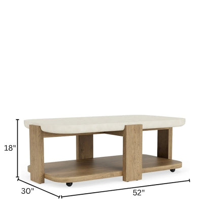 Beige Cocktail Table, Oak Veneers, Textured Top, Radiused Edges, Rolling Casters