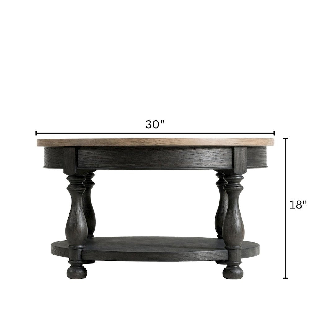 Brown Round Cocktail Table, Poplar Ash Veneer, V-Grooves Top, Lower Shelf