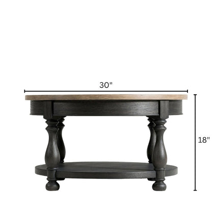 Brown Round Cocktail Table, Poplar Ash Veneer, V-Grooves Top, Lower Shelf