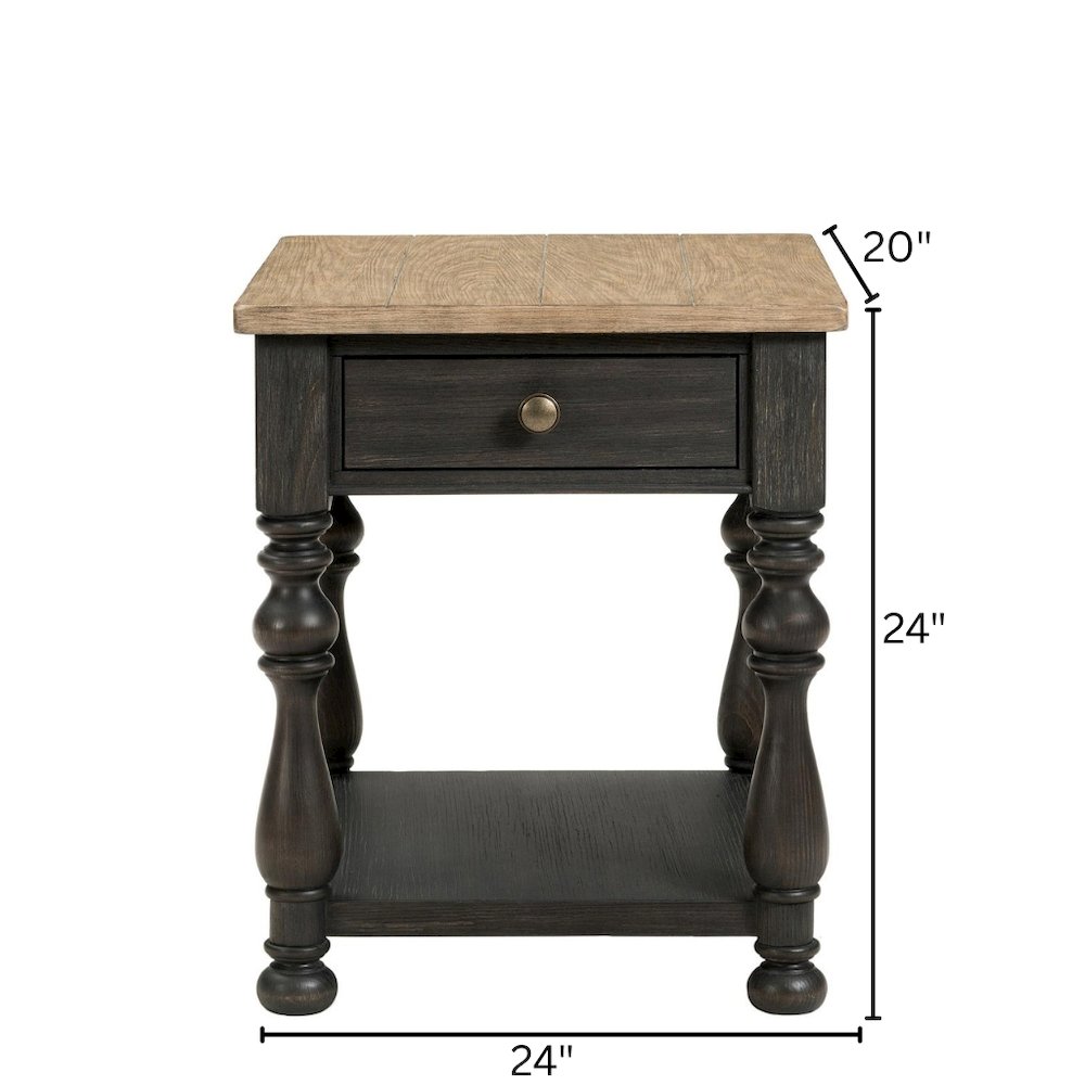 Brown End Table, Poplar Ash Veneer, Storage Drawer, Fixed Shelf, Decorative Top