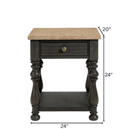 Brown End Table, Poplar Ash Veneer, Storage Drawer, Fixed Shelf, Decorative Top