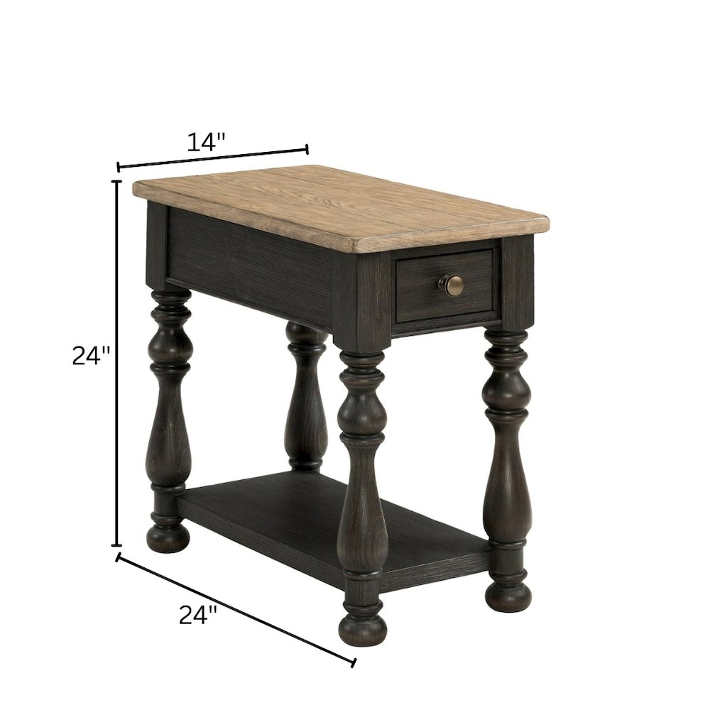 Brown Chairside Table, Poplar Ash Veneer, V-Grooves, Drawer, Fixed Shelf