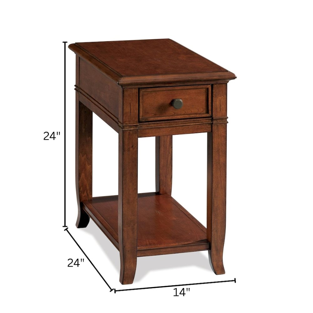 Brown Chairside Table, Poplar Cherry Veneer, Dovetail Drawer, Fixed Shelf