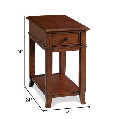 Brown Chairside Table, Poplar Cherry Veneer, Dovetail Drawer, Fixed Shelf
