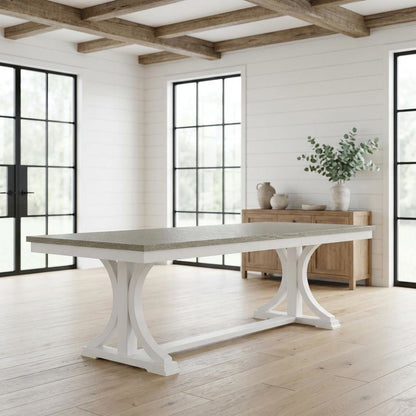 Beige Farmhouse Dining Table for 6, Wooden Trestle Kitchen Table