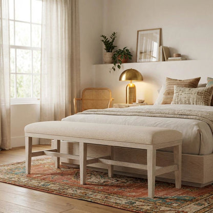 Beige Upholstered Dining Bench – Wood Bed Bench for Bedroom or Hallway
