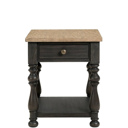 Brown End Table, Poplar Ash Veneer, Storage Drawer, Fixed Shelf, Decorative Top