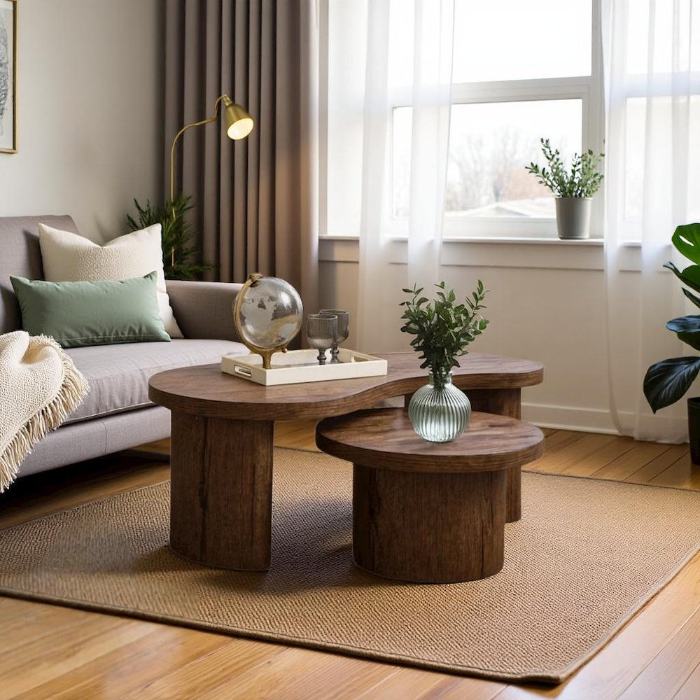 Brown Nesting Coffee Table Set of 2, Wood Coffee Tables for Living Room