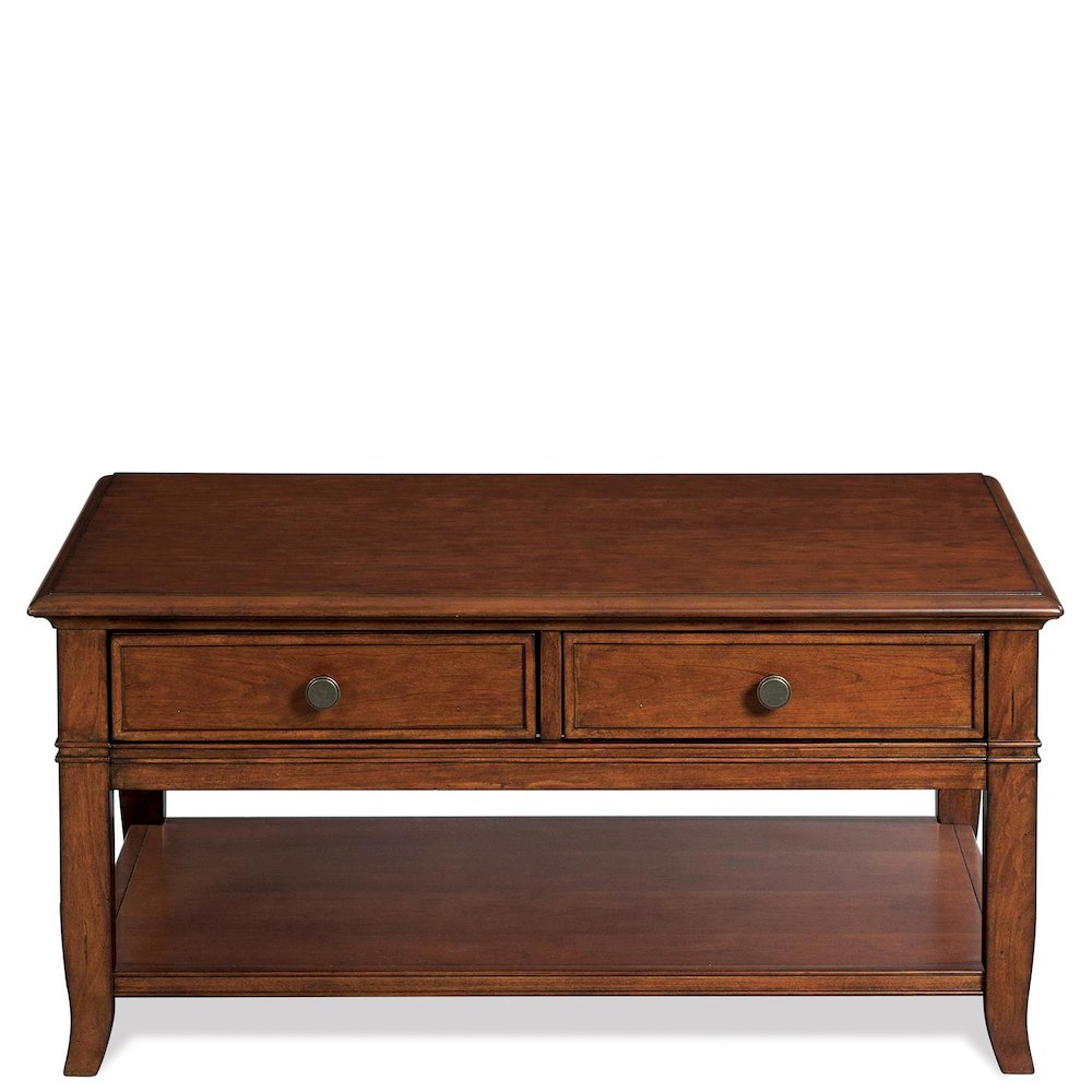 Brown Poplar Cherry Veneer Table, 2-Drawer Storage, Fixed Lower Shelf