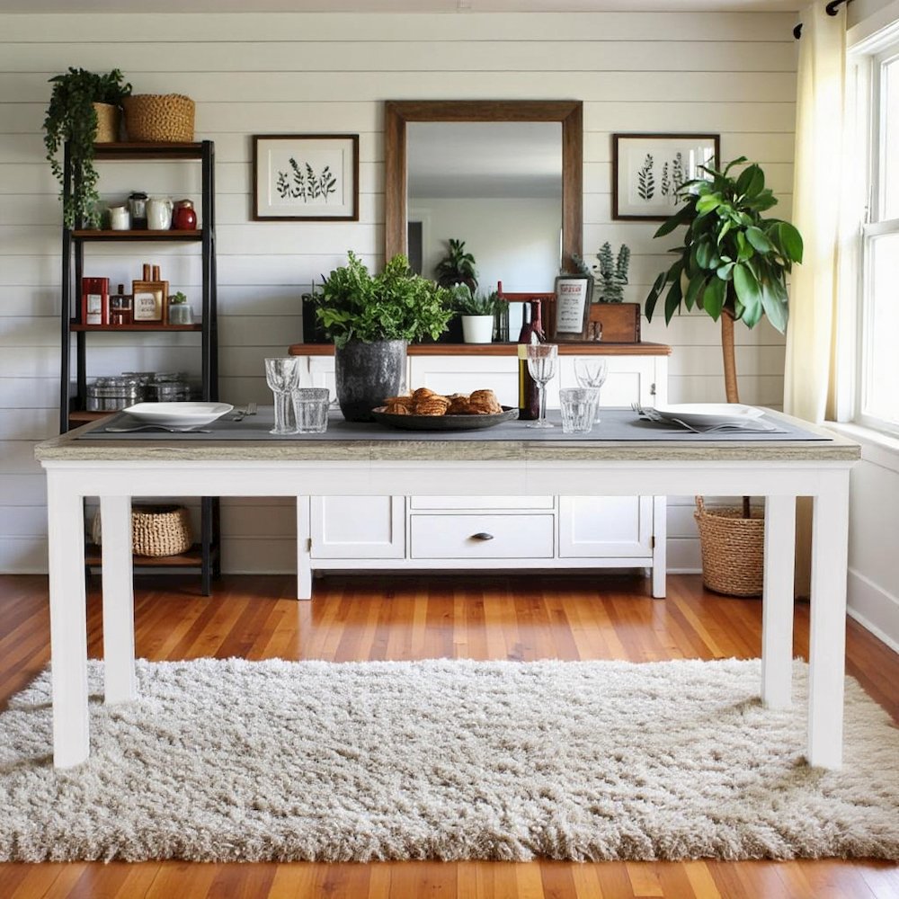 Beige Farmhouse Dining Table for 6, Wooden Rectangle Kitchen Table