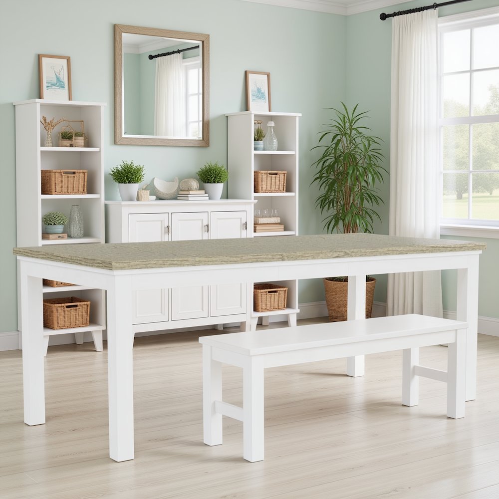 Beige Farmhouse Dining Table for 6, Wooden Rectangle Kitchen Table
