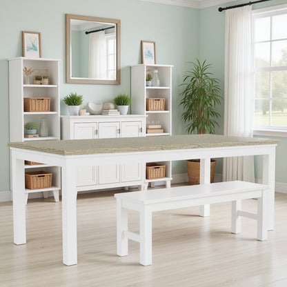 Beige Farmhouse Dining Table for 6, Wooden Rectangle Kitchen Table