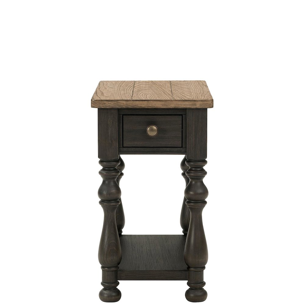 Brown Chairside Table, Poplar Ash Veneer, V-Grooves, Drawer, Fixed Shelf