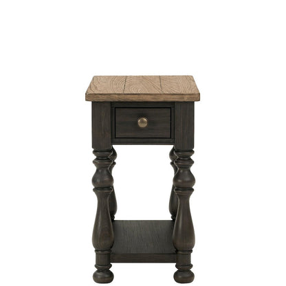 Brown Chairside Table, Poplar Ash Veneer, V-Grooves, Drawer, Fixed Shelf