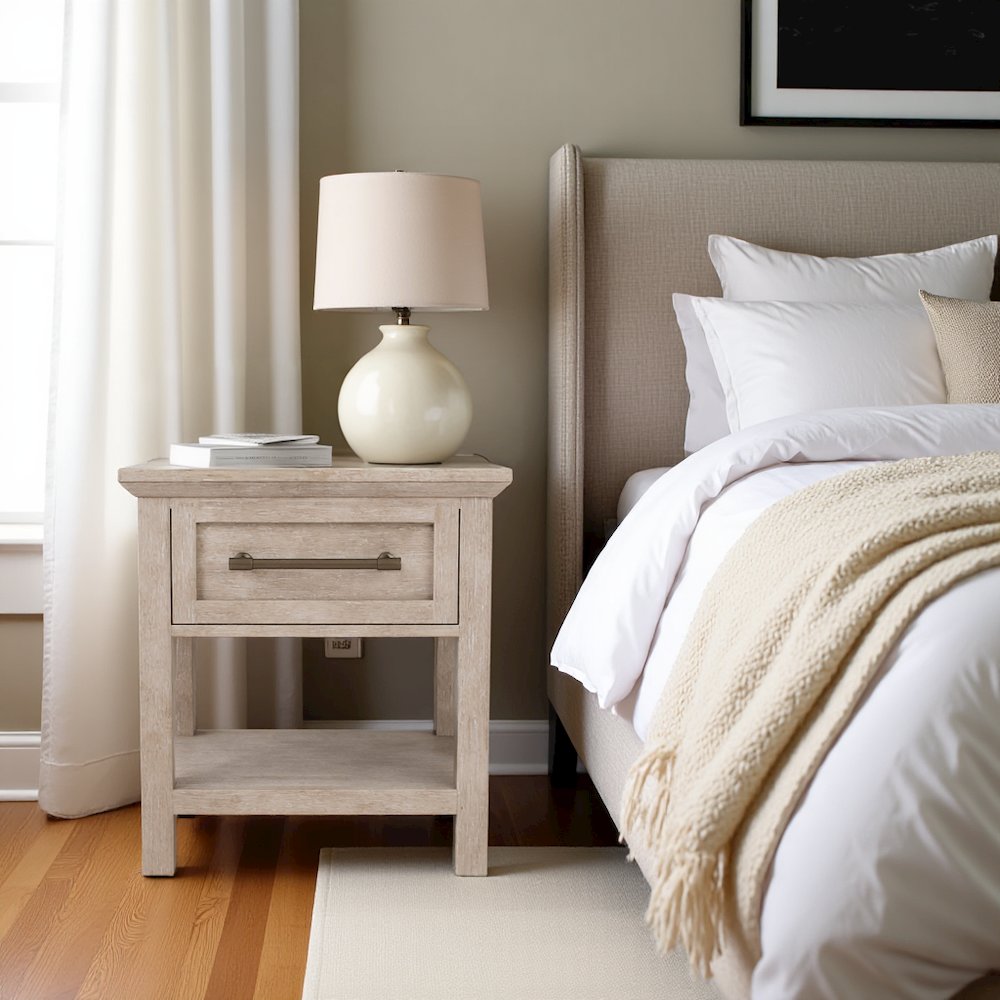 Solid Wood Gray Nightstand – 26 Inch High End Table with Drawer