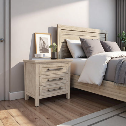 Solid Wood Gray Nightstand – 26 Inch High End Table with 3 Drawers