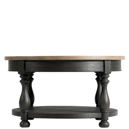 Brown Round Cocktail Table, Poplar Ash Veneer, V-Grooves Top, Lower Shelf