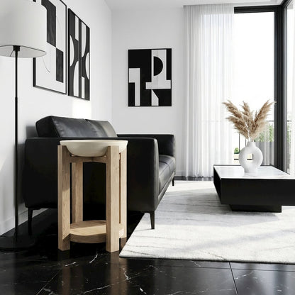 Beige Chairside Table, Oak Veneers, Textured Radiused Top, Compact Side Piece