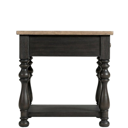 Brown Chairside Table, Poplar Ash Veneer, V-Grooves, Drawer, Fixed Shelf