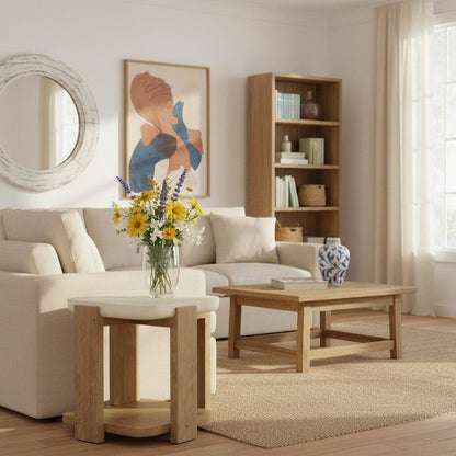 Beige End Table, Oak Veneers, Textured Radiused Top, Modern Side Accent