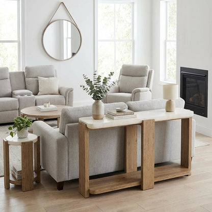 Beige Sofa Table, Oak Veneers, Textured Top, Radiused Edges, Console Accent