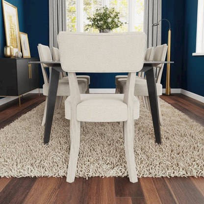 Beige Upholstered Dining Chair, Wood Dining Chair with Curved Back, Set of 2