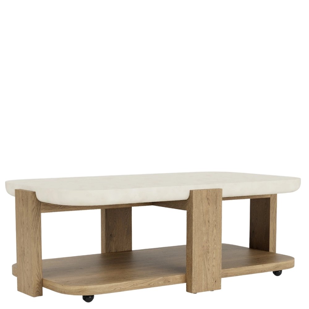 Beige Cocktail Table, Oak Veneers, Textured Top, Radiused Edges, Rolling Casters
