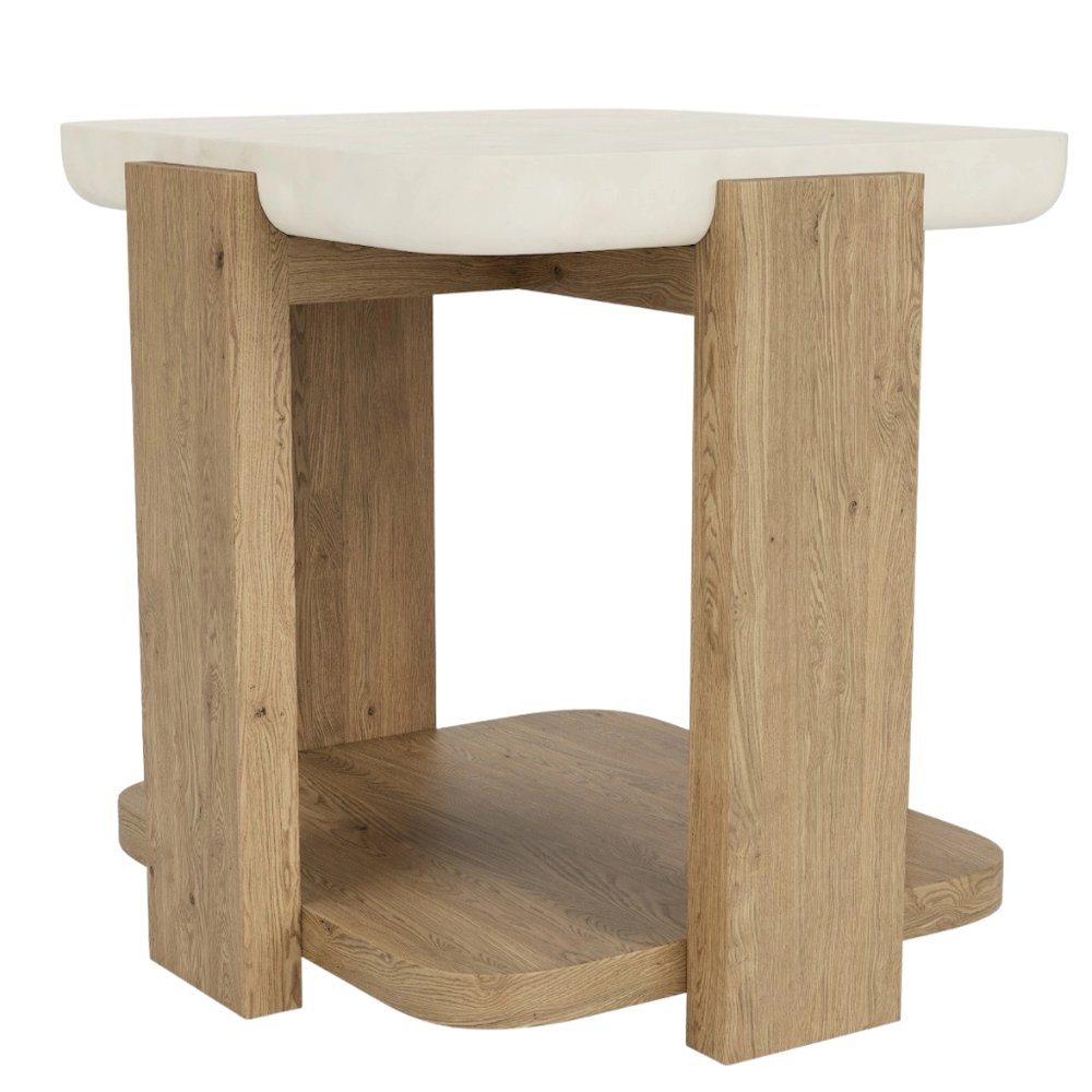 Beige End Table, Oak Veneers, Textured Radiused Top, Modern Side Accent