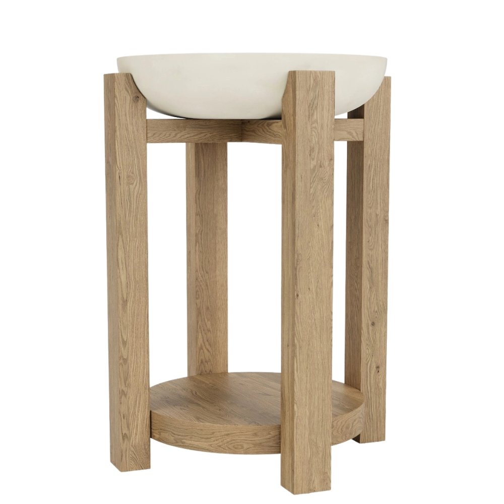 Beige Chairside Table, Oak Veneers, Textured Radiused Top, Compact Side Piece
