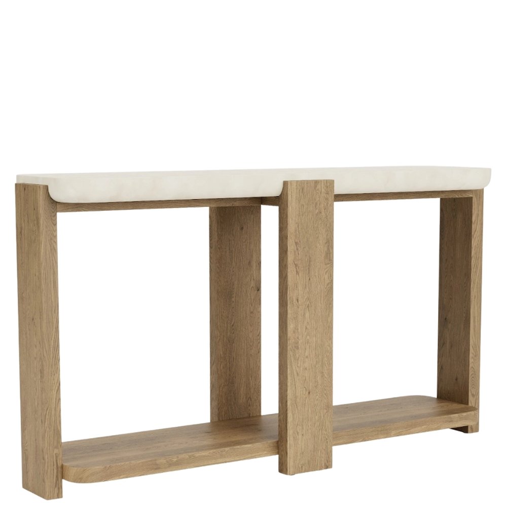 Beige Sofa Table, Oak Veneers, Textured Top, Radiused Edges, Console Accent
