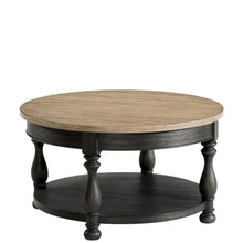 Brown Round Cocktail Table, Poplar Ash Veneer, V-Grooves Top, Lower Shelf