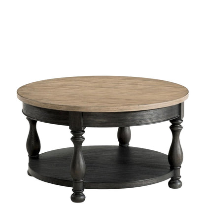 Brown Round Cocktail Table, Poplar Ash Veneer, V-Grooves Top, Lower Shelf