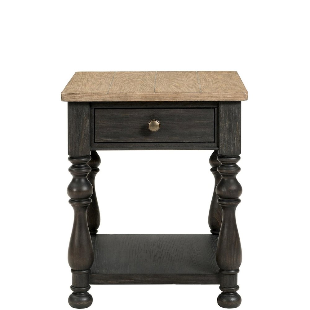 Brown End Table, Poplar Ash Veneer, Storage Drawer, Fixed Shelf, Decorative Top