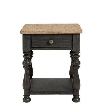 Brown End Table, Poplar Ash Veneer, Storage Drawer, Fixed Shelf, Decorative Top